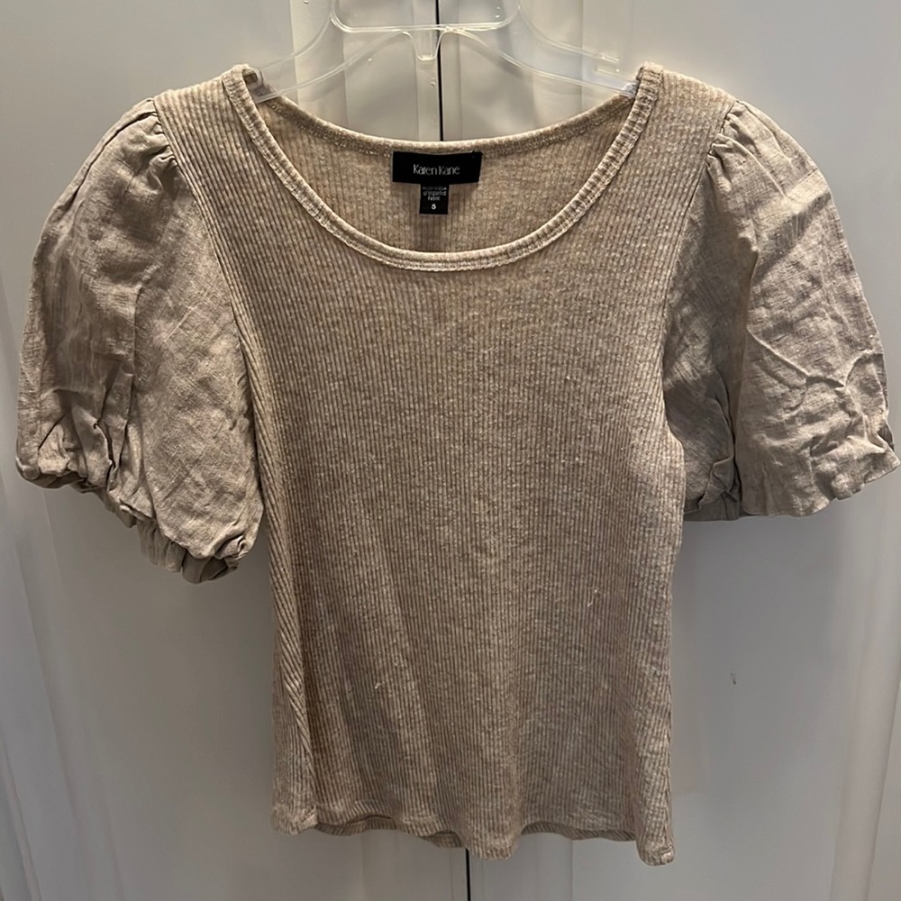 Karen Kane Poof Sleeve Sweater Top Small Khaki